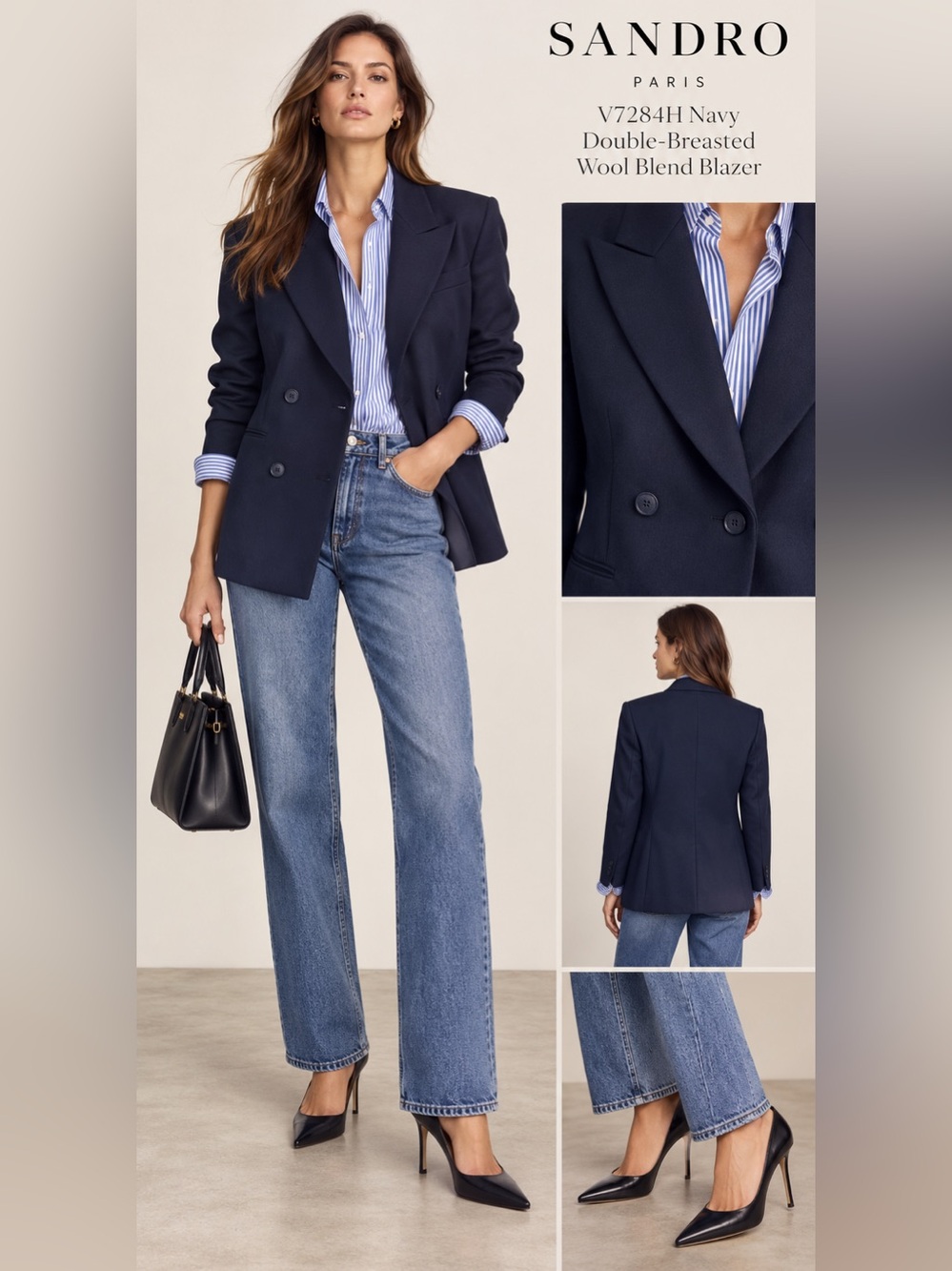 Sandro Paris V7284H Navy Double-Breasted Wool Blend Blazer Size 38 / US 6